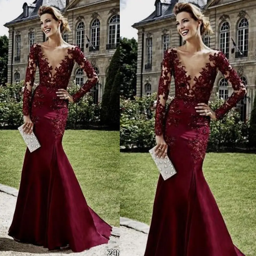 

SuperKimJo Abiti Da Cerimonia Da Sera Burgundy Evening Dresses 2020 Long Sleeve Lace Applique Mermaid Elegant Evening Gown