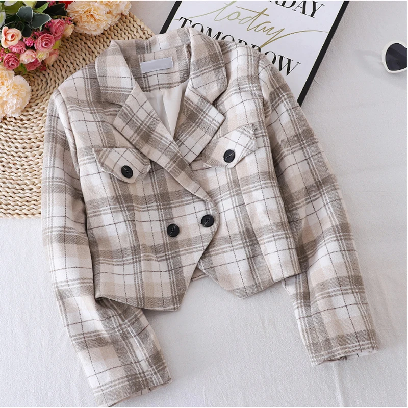 

Plaid Suits Female Spring Short Bomber Jacket Single Button Women Elegant Plaid Coats Feminina 2020 Autumn Casual Outerwear