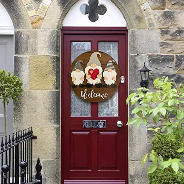 

Triple Gnome with Heart Welcome Sign Front Door Hanger for Farmhouse Rustic Wooden Door Hangers Front Porch Decor CANQ88
