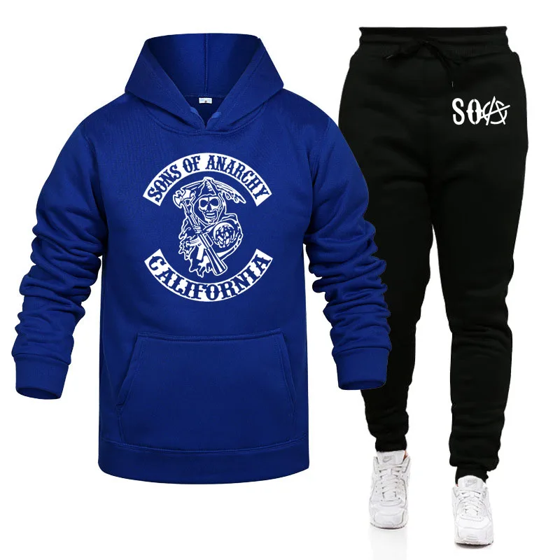 

Мужская толстовка с капюшоном оверсайз, уличный Топ в стиле хип-хоп, SOA, принт сынов анархии черепа, повседневная мужская толстовка + штаны, к...