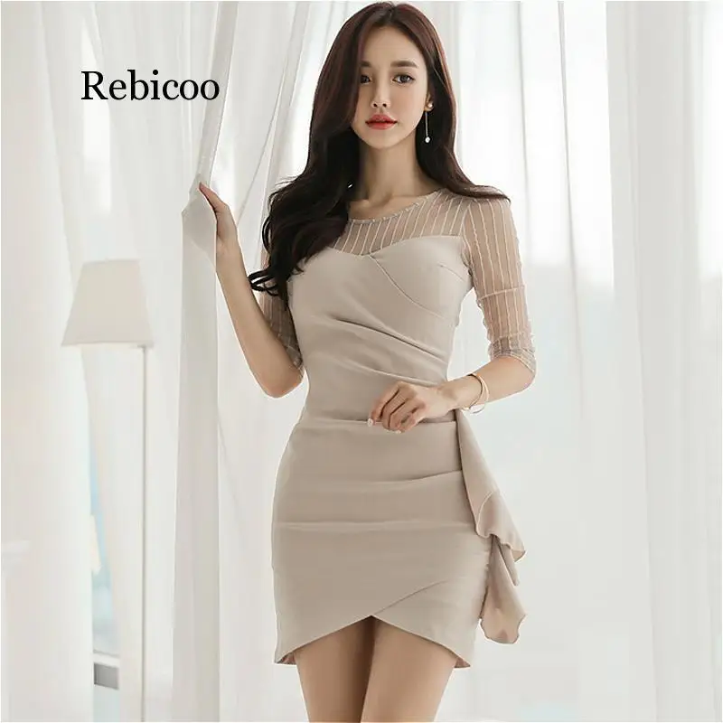 Лоскутное Сетчатое пикантное облегающее платье с круглым вырезом и оборками