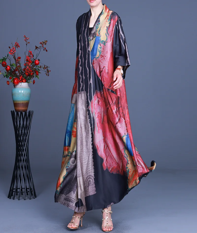 

SuperAen 2021 Summer New Loose Plus Size Print Patchwork V Neck A-LINE Ankle-Length Casual Dresses for Women