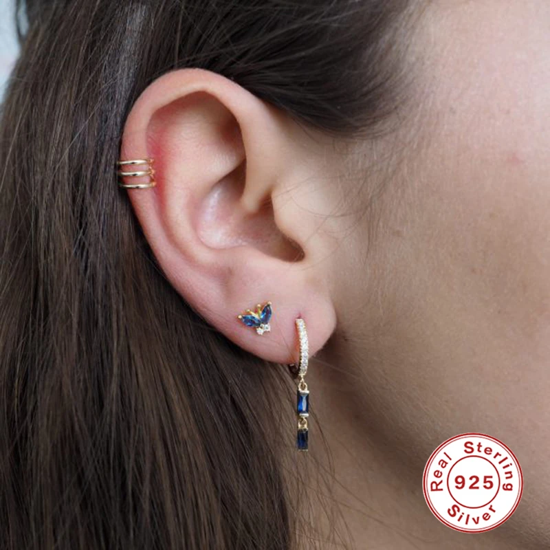 

Genuine 925 Sterling Silver Blue Crystal Stud Earring For Woman Girls Bling Zircon Fine Earrings Jewerly pendientes orecchini
