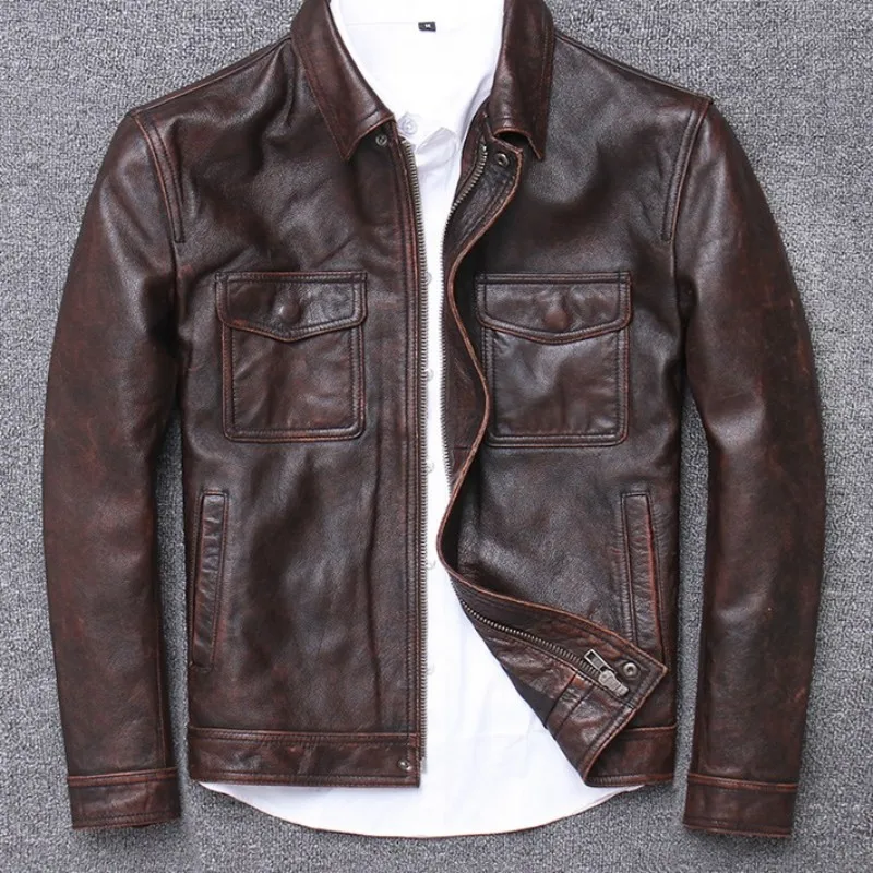 Брендовая мужская куртка из натуральной кожи зимняя облегающая Рабочая