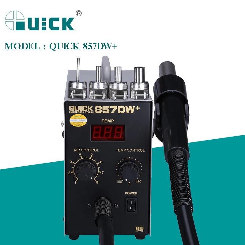 

QUICK 857DW+ 110V/220V 580W Hot Air Desoldering Station For SMD/SOIC/CHIP/PLCC/BAG Gun SMD Rework Station With Helical Wind