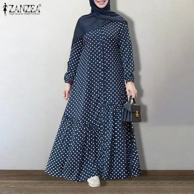 

Kaftan Printed Muslim Maxi Dress Women's Autumn Sundress ZANZEA 2022 Causal Puff Sleeve Vestidos Female Polka Dot Button Robe