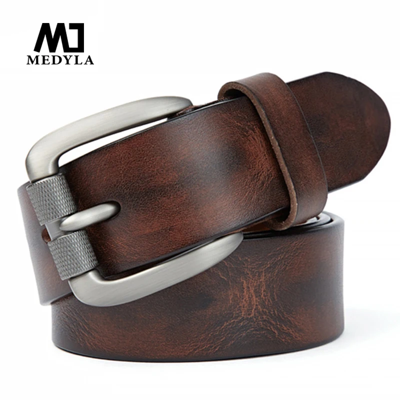 MEDYLA Fashion Men's Belt Top Natural Genuine Leather Sturdy Buckle Men Vintage Belt Suitable for Jeans Casual Pants Cummerbund
