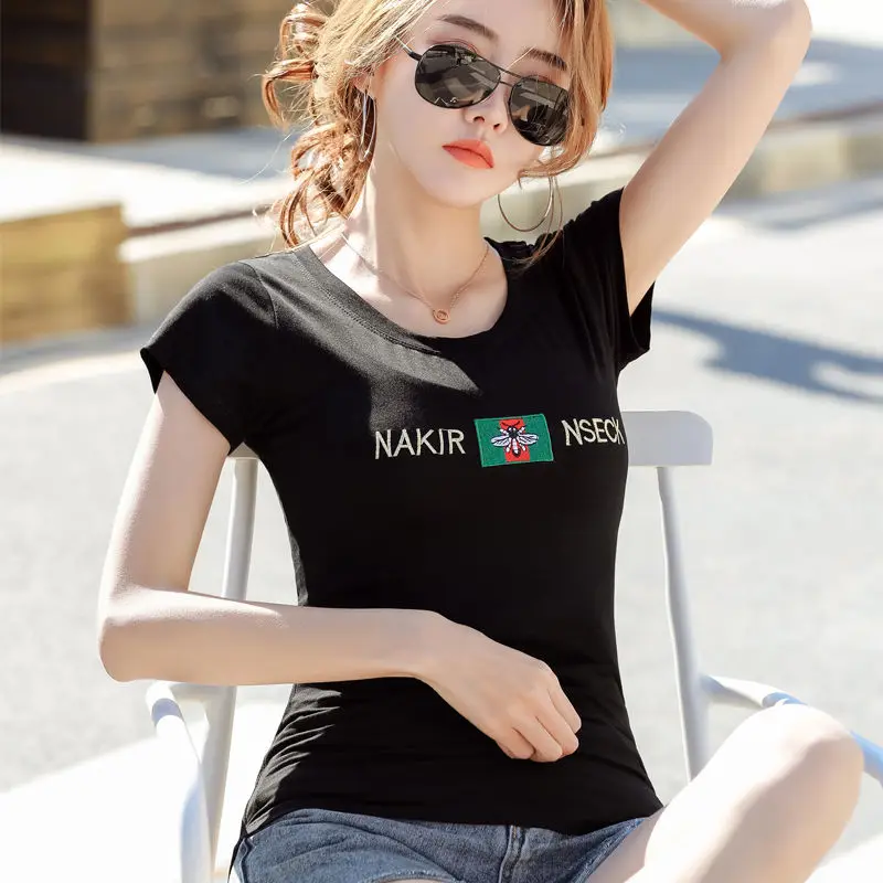 

Pure Cotton Short-sleeved T-shirt Women's Summer Plus Size Slimming Printed Diamond T-shirt Bottoming Shirt Graphic Tee