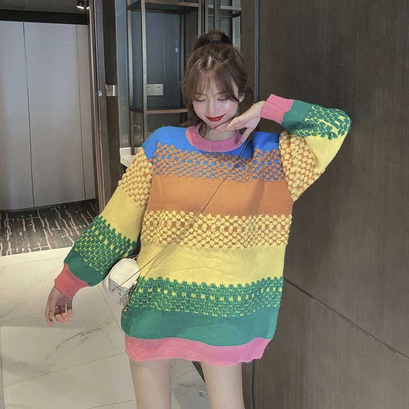 

One-Piece Korean Women Colorful Striped Knitwear 2020 Autumn Winter Women'S Oversized Pull Sweaters Ladies Warm Pullovers