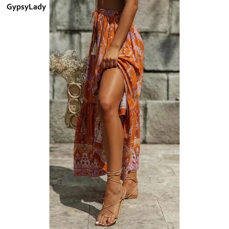 Женская винтажная юбка макси GypsyLady Пляжная плиссированная с цветочным принтом и