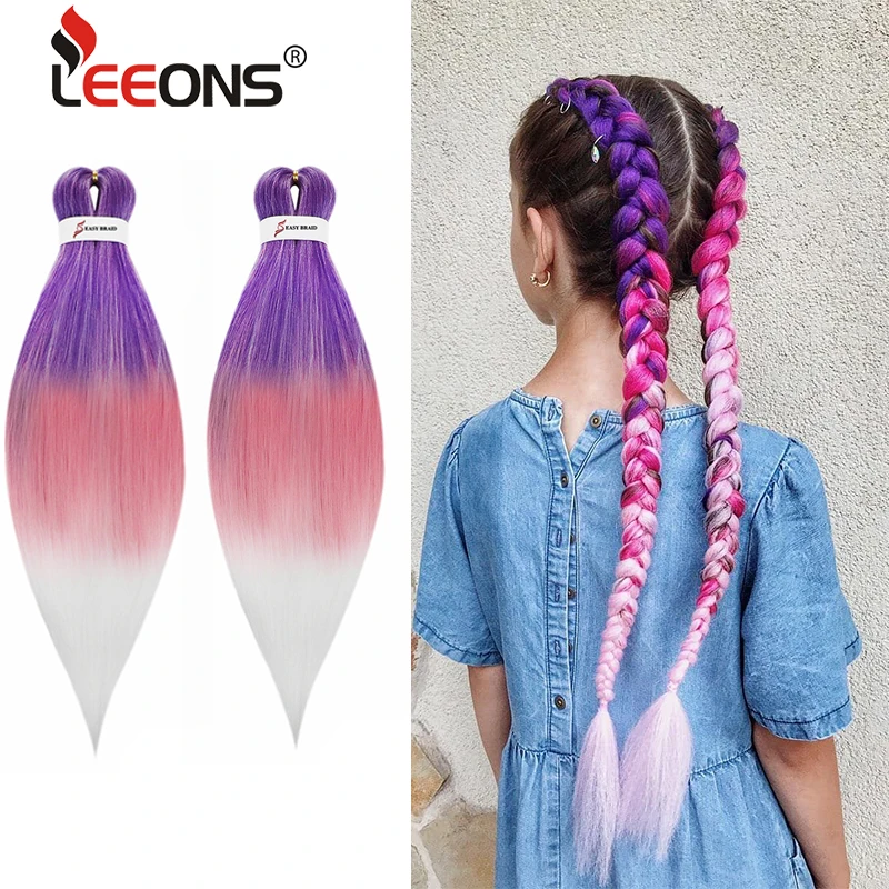 

Leeons Ez Braids Rainbow 26" Inches Ez Braids Pre Stretched Hair Yaki Crochet Synthetic Braiding Hair Ombre Pink Purple