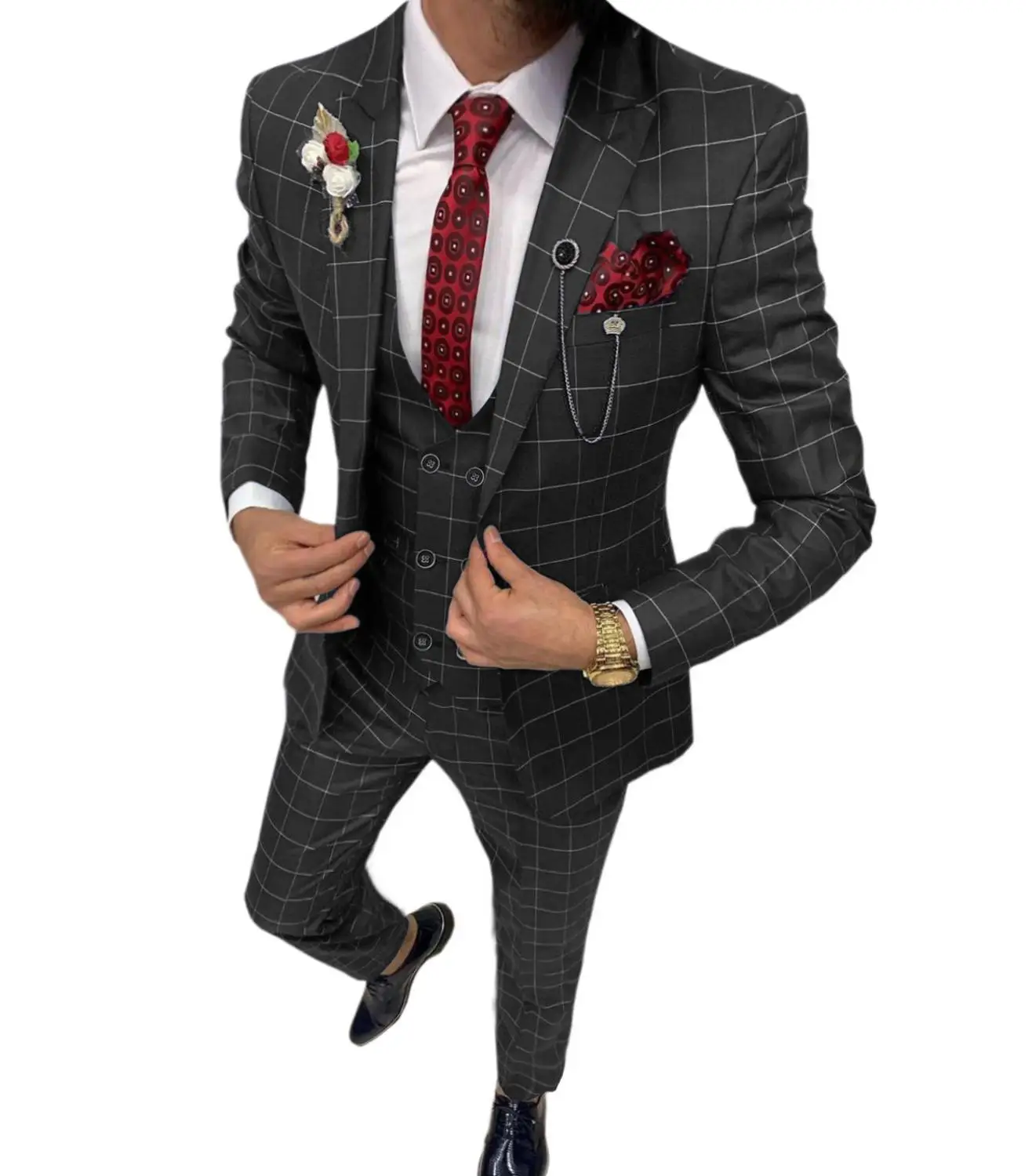 

Solovedress Formal Fashion Slim Fit 3 Pieces Peak Lapel Plaid Burgundy Green Solid Tuxedos Mens Suit(Blazer+Vest+Pants)