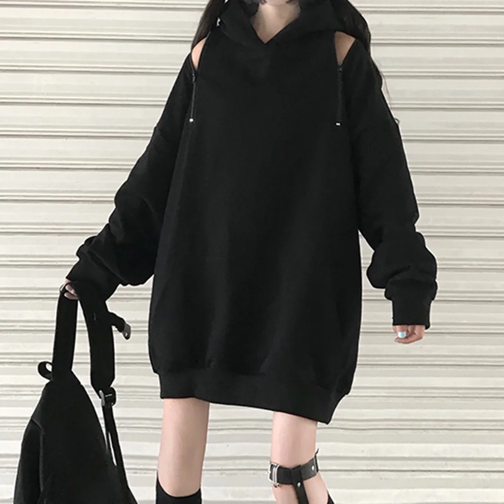 Фото Женская толстовка с капюшоном Goth черный Свободный Повседневный пуловер на