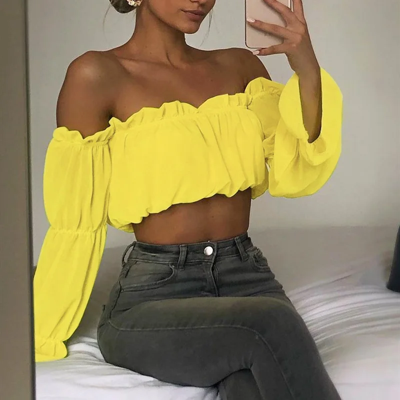 

Women Sexy Off Shoulder Ruffled Chiffon Crop Top Lady Summer Casual Solid Puff Sleeve Blouse