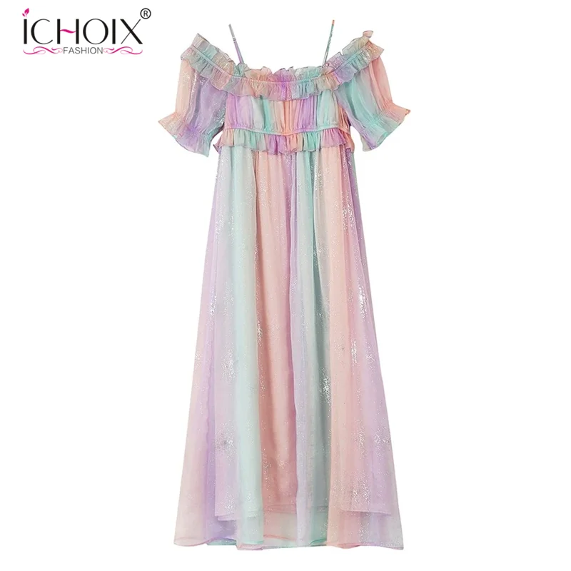 

French Dress Women A-Line Print Rainbow Chiffon Summer Wear Casual Kawaii Sexy Women Puff Sleeve Maxi Lace Elegant Dress 2020