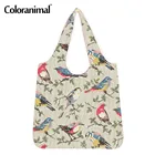 Модные красивые женские сумки для покупок Coloranimal с принтом птиц на ветке, функциональные экологически чистые сумки для хранения, женские продуктовые сумки
