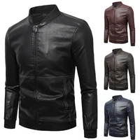 2021 new high quality mens solid color zipper stand collar trim motorcycle long sleeve mens leather jacket