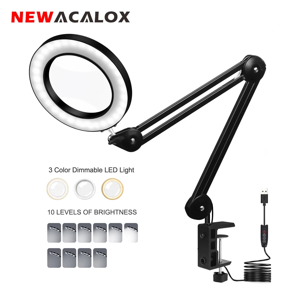 NEWACALOX USB светодиодный увеличительное стекло Складная Настольная лампа 5X Лупа для красоты/пайки/чтения с подсветкой Лупа третьей стороны