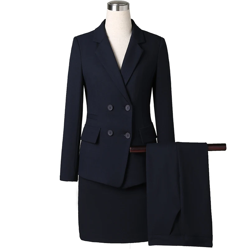 Giacca da lavoro da donna Pant Suit Set 2 pezzi colore blu Beige stile di moda per ufficio giacca da donna a doppio petto