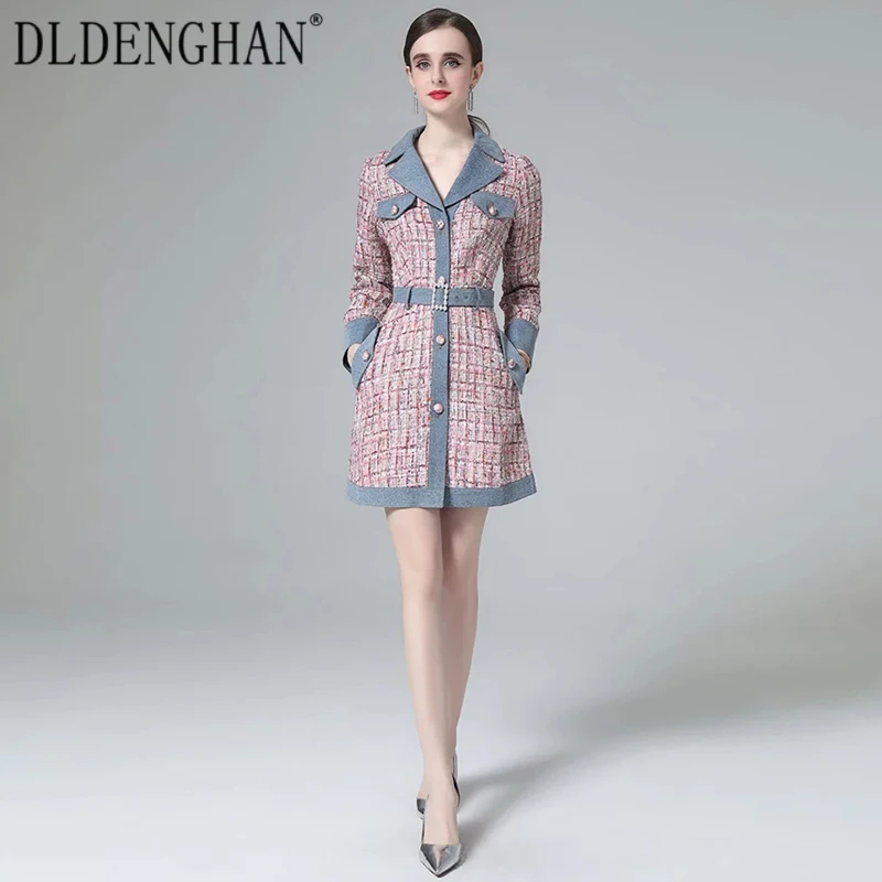 

DLDENGHAN Fashion Designer Autumn Trench Coat Woman Long Sleeve Beading Sashes Casual Plaid Tweed Overcoat Outwear