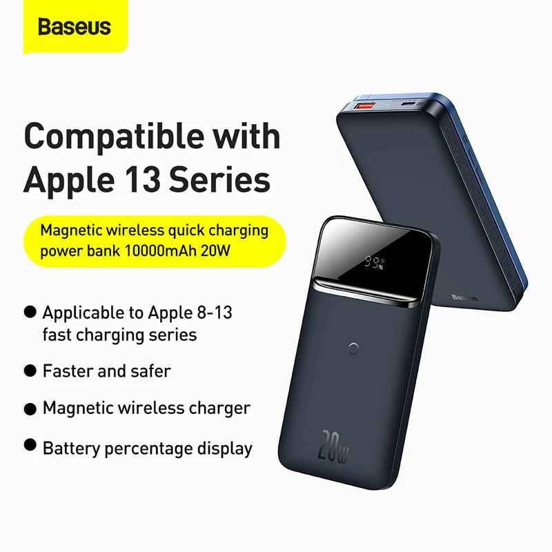 baseus 20w 10000mah magnetic wireless quick charging power bank digital display for iphone 11 12 13 pro huawei xiaomi samsung free global shipping