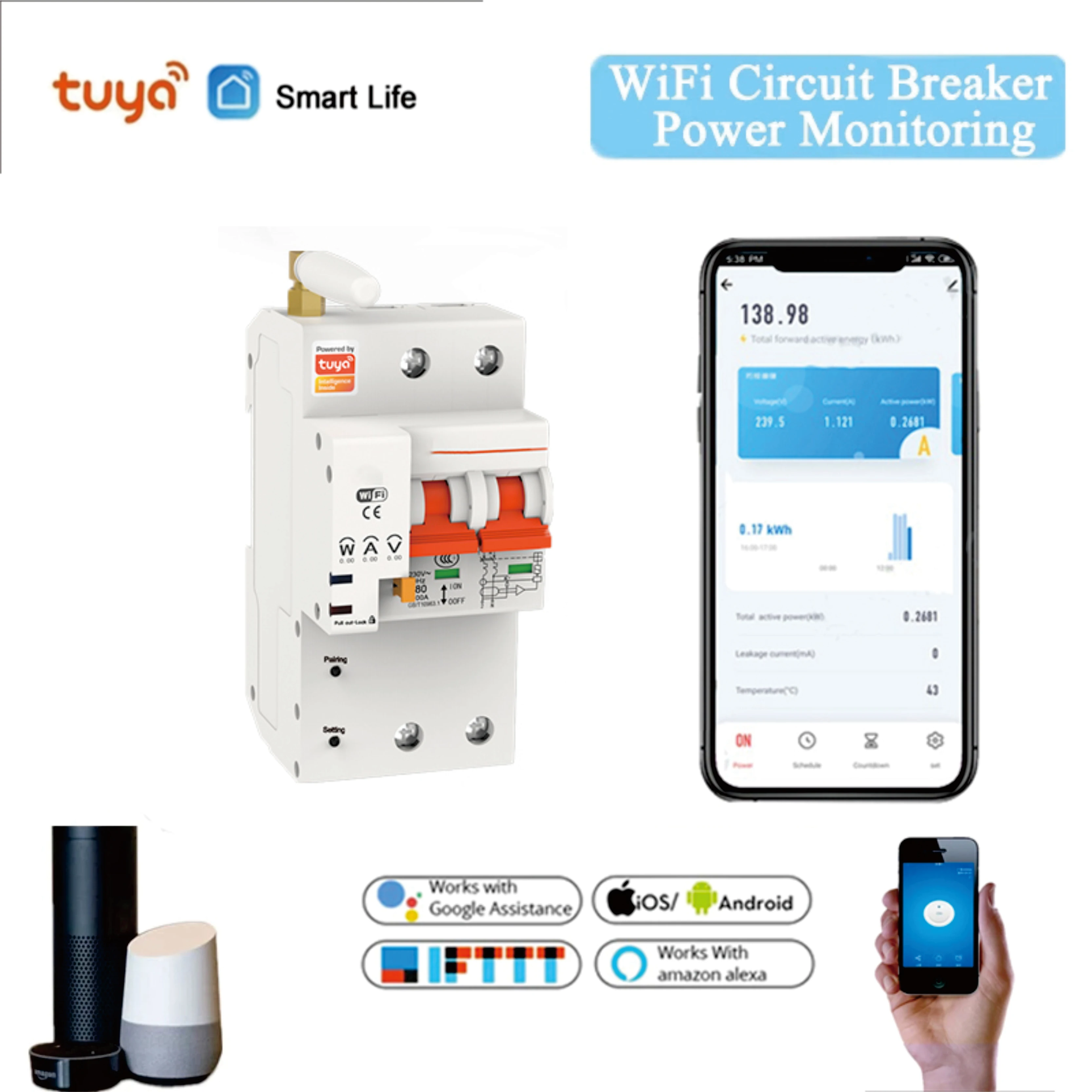 

Умный автоматический выключатель Tuya 2P с поддержкой Wi-Fi