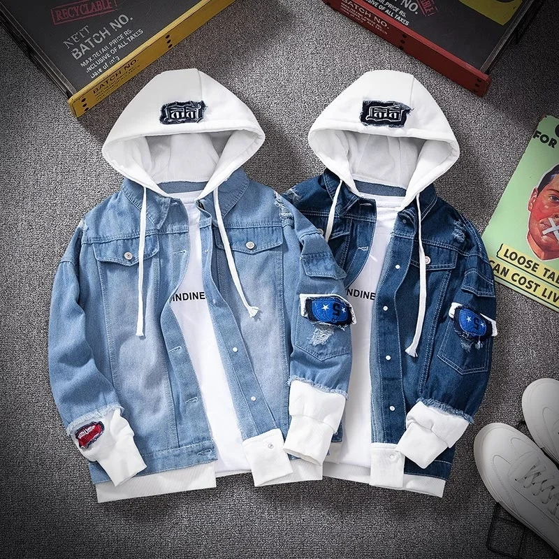 

New Men Denim Jacket 2021 Autumn Casual Hooded Jeans Jackets Harajuku Mens Hip Hop Streetwear Loose Outerwear Coats Clothing