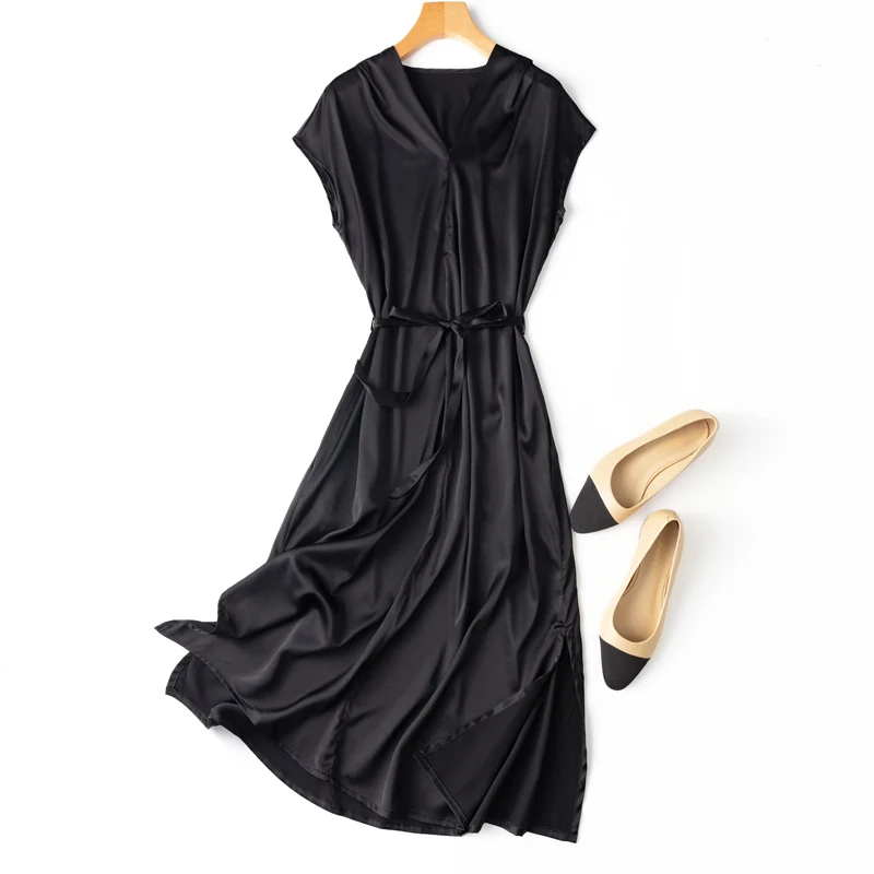 

Shuchan Black SATIN Back To The Basics Summer Dress for Women Raglan Sleeve Mid-Calf A-LINE V-Neck Sashes Vestido