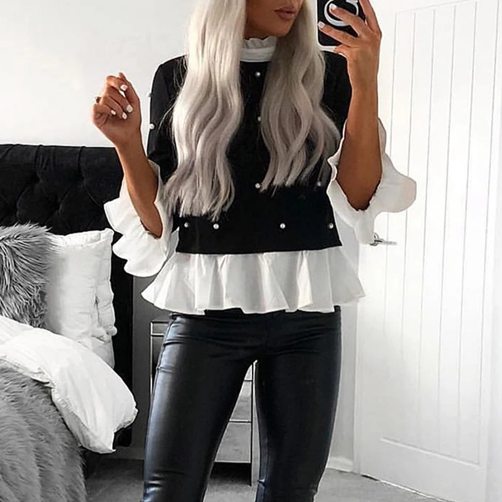 Женские кружевные топы с оборками и длинным рукавом повседневные свободные