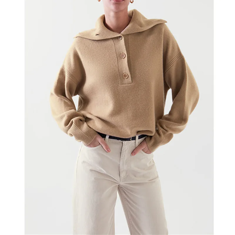 

Women Turn-Down Collar Knit Cashmere Sweater Long Sleeve Ladies Loose Pullover Tops Female Fashion Knitwear Jumper With Buttons