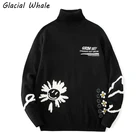 Мужской кардиган GlacialWhale, вязаный мужской зимний свитер с цветочным принтом, мужской повседневный негабаритный свитер с высоким воротом, черный свитер для мужчин