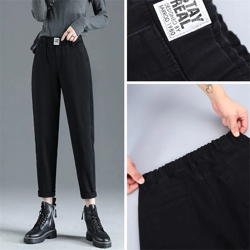 

Jeans High Waist Women's Loose Straight Trousers For Female Ankle Length Pants Elastic Waist Harem Pant Thin 2021 Plus Size