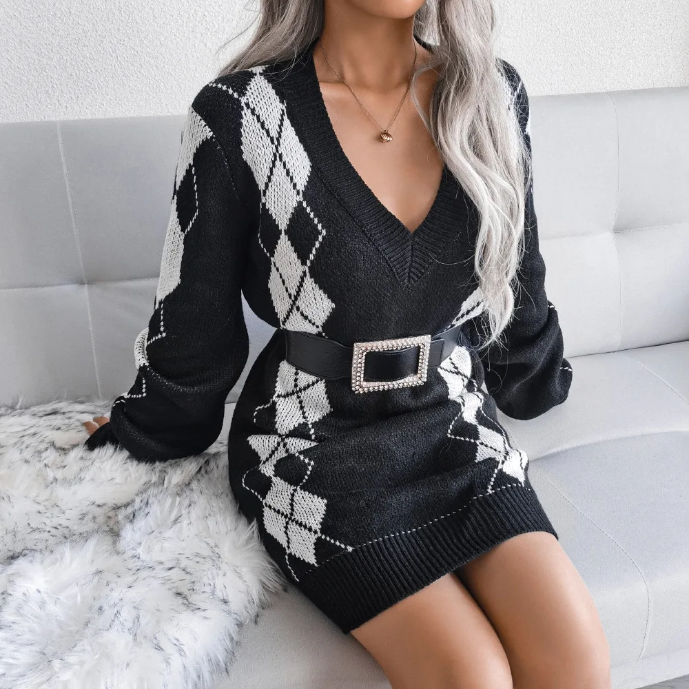

Autumn Sexy Women Patchwork Knit Dress Rhombus Printed Sweater for Women Spring V Neck Long Sleeve Dress Elegant Femme Fashion