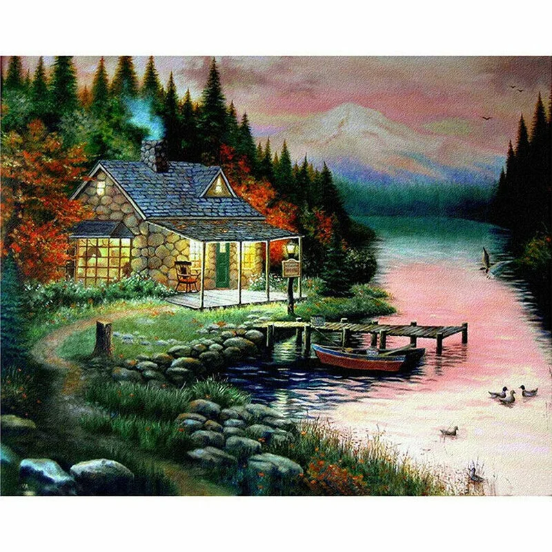 Полный дрель 5D алмазная картина дом озеро вода крестиком наборы вышивка домашний