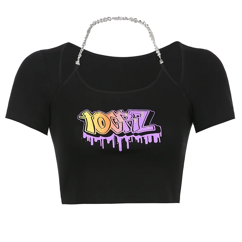 Женские летние свободные повседневные топы с лямкой на шее черная футболка