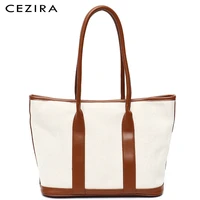 cezira casual canvas pu leather patchwork shoulder bags for women large capacity soft tote handbags ladies travel shopping purse