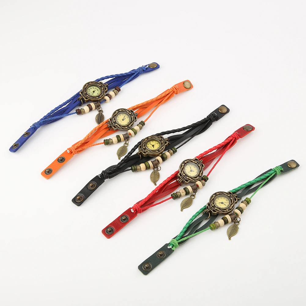 

Retro Faux Leather Bracelet Tree Leaf Decoration Quartz Wrist Watch Tree leaf pendant Multilayer bracelet wrist watch for Women
