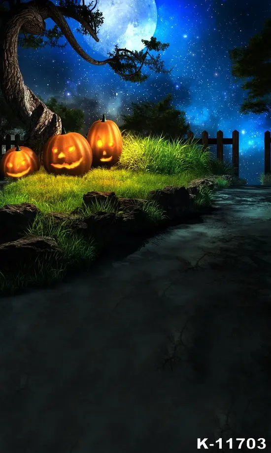 

Night Halloween Photography Backdrop Pumpkin Green Grass Background Party Banner Decorations Decor Photo Booth Shoot Props