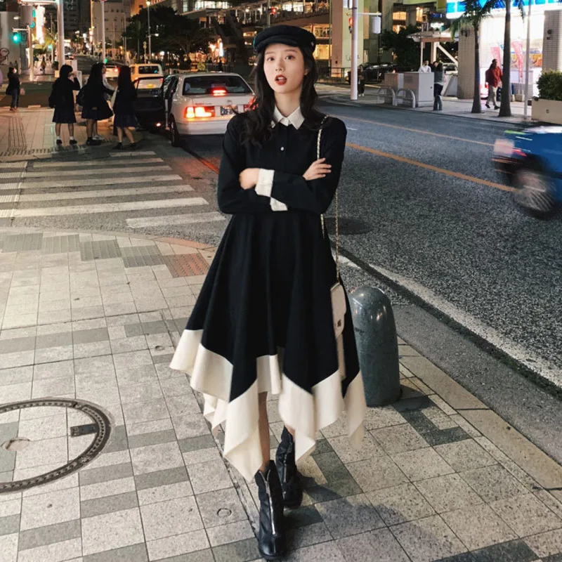 LANMREM 2020 Новое весеннее асимметричное женское платье средней длины с отворотом