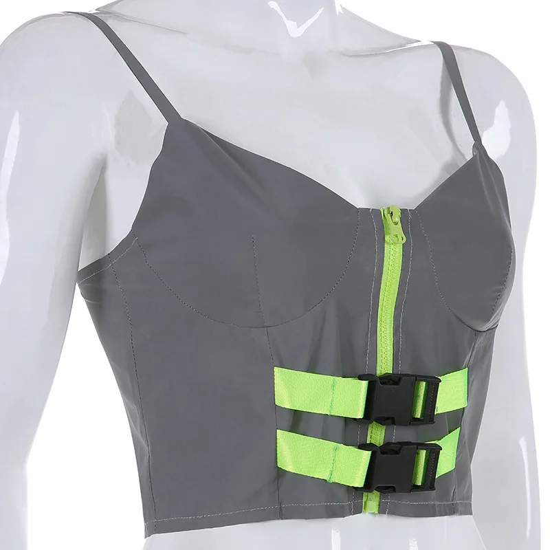 Gray Neon Reflective Suit for Women Outfits Matching Zip 2 Piece Set Sexy Club Trapless Crop Top and Skirt Summer Clothing