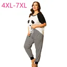 Пижама женская летняя размера плюс, свободная футболка в полоску с принтом панды и длинные штаны, домашняя одежда, костюм из двух предметов, 4XL, 5XL, 6XL, 7XL