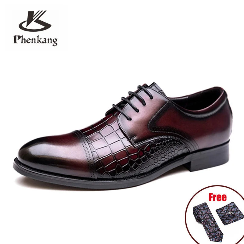 

Мужские туфли Phenkang из натуральной кожи с крокодиловым узором, Классические строгие Глянцевые Мужские свадебные туфли оксфорды на шнуровке