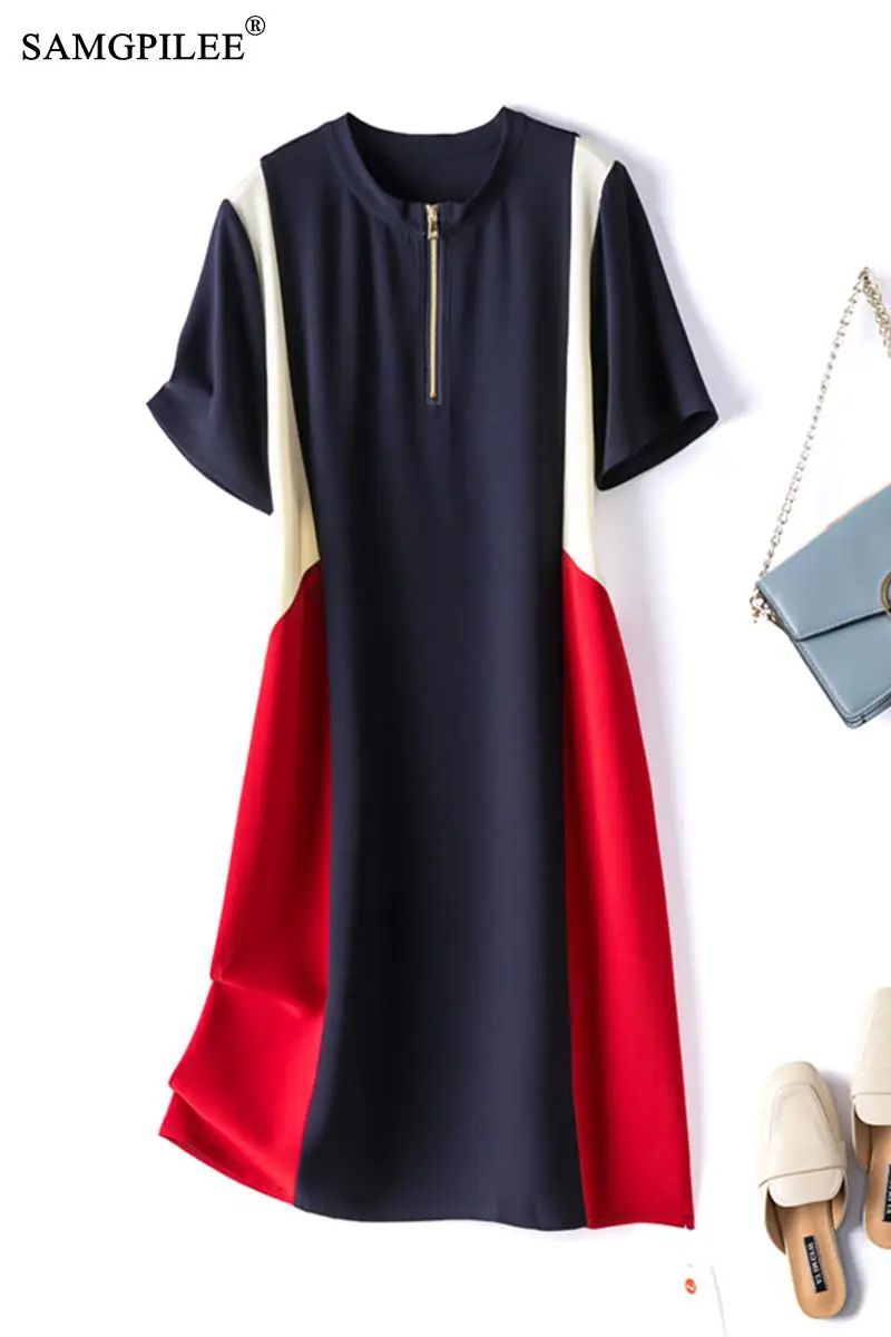 

Summer Clothes For Women 2021 New Patchwork Zipper Pullover Casual Loose Korean Style Short Sleeve Drape Dresses Woman Plus Size