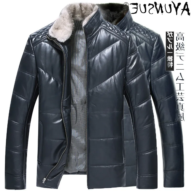 

2021 Winter Jacket Men Clothing Men's Down Jackets Real Mink Fur Collar Genuine Sheepskin Leather Erkekler Ceket LXR1052