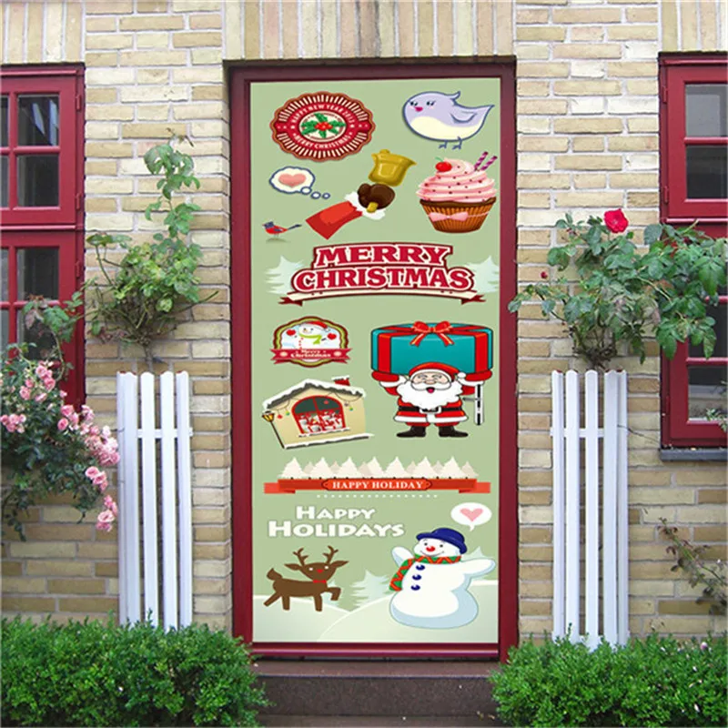 

Christmas Tree Snow Eve Door Stickers For Kids Bedroom New Year DIY Decoration PVC Removable Wallpaper On The Doors Xmas Gifts