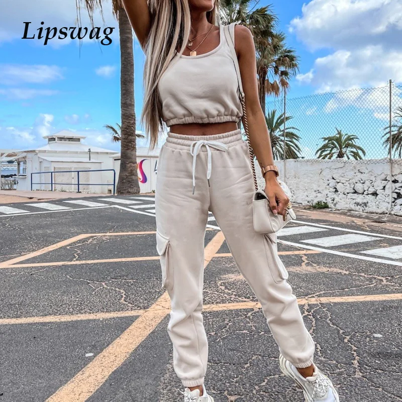 

Женские однотонные комплекты из двух предметов, Модный летний спортивный топ без рукавов и карманы, брюки-карго, одежда, весенне-летние спор...