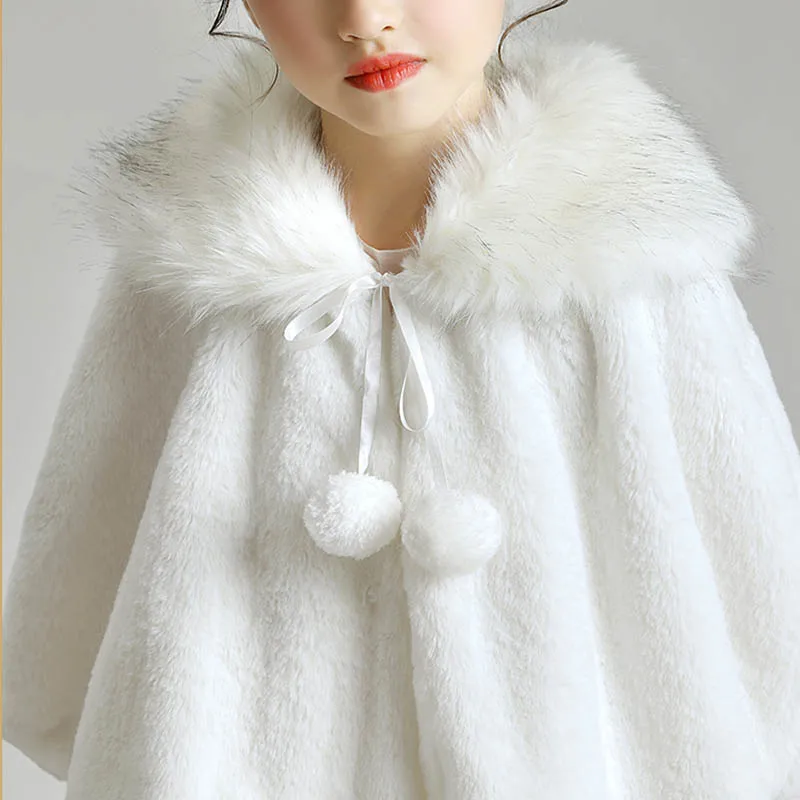 White Flower Girls Shrugs Bolero Cape For Prom Party Dress Faux Fur Wrap Shawl Jacket Stole Kids Outwear Coat Cloak | Свадьбы и