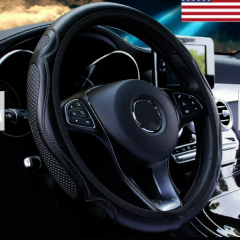 

Black Leather Car Steering Wheel Cover Skidproof Breathable Anti-slip Steering-Wheel Cover Car Universal Accessories