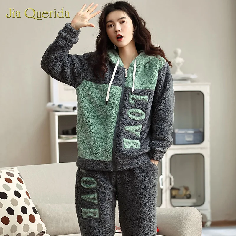 Pijama Mujer 2020 New Winter Home Clothes Fashion Sproty Style Women's Two Pieces Embroidery Hooded Set Particle Fleece Zip Pjs | Женская