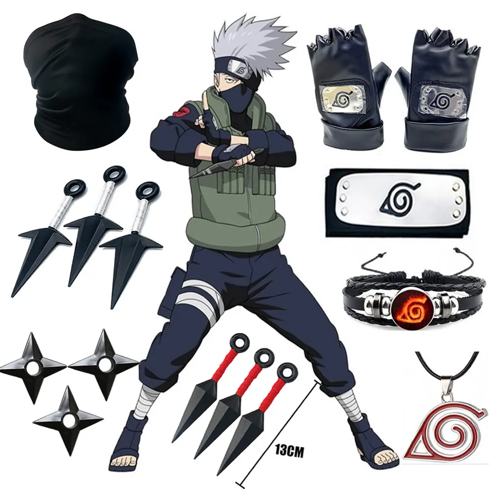 

5pcs Set Anime Naruto Kakashi Cosplay Accessories Gloves Kunai Headband Mask Ninja Uchiha Mittens Action Figure Stuff Kids Toy